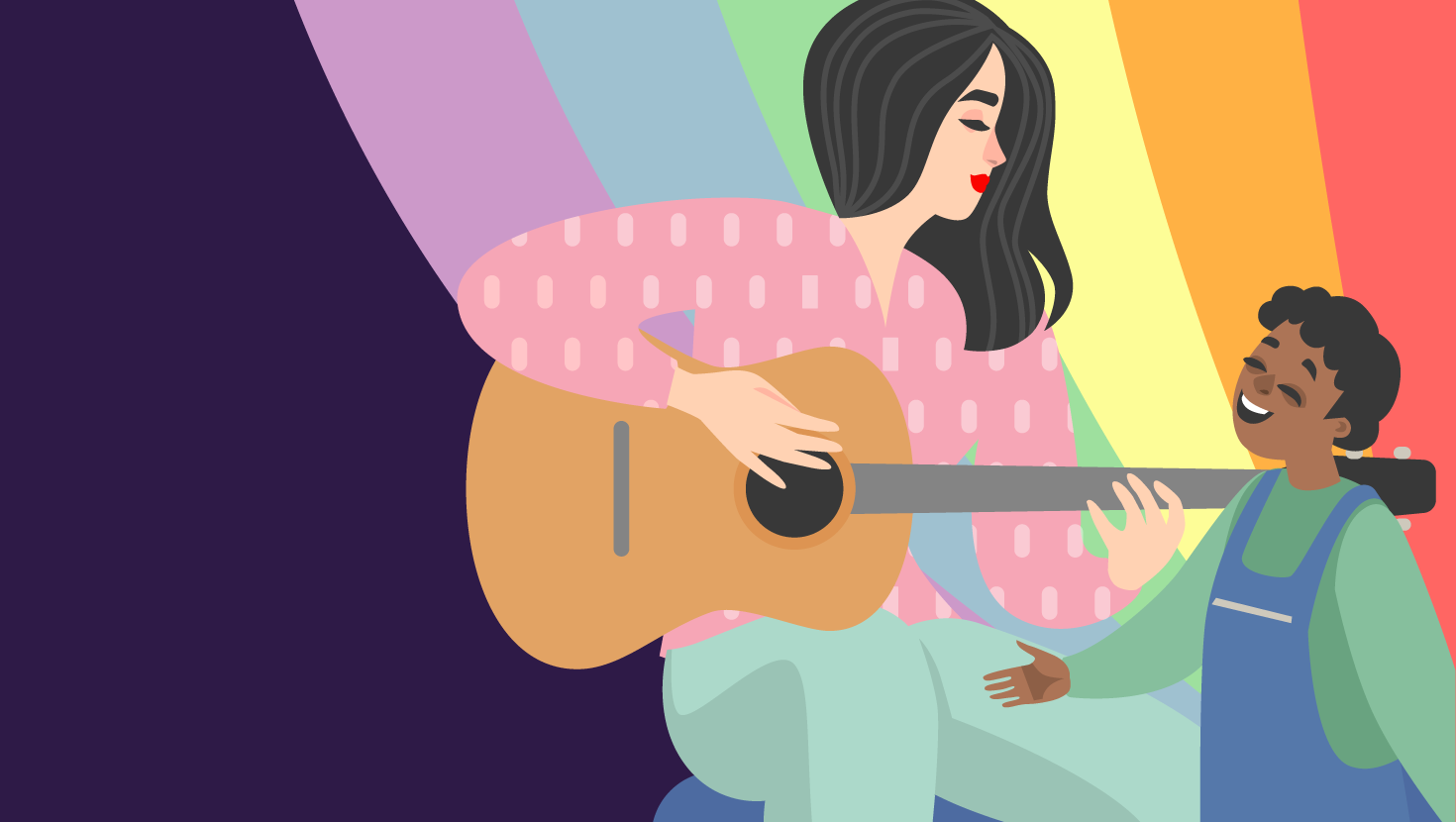 Woman playing a song on a guitar for a child