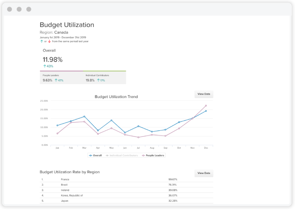 Budget utilization metrics for employee recognition programs