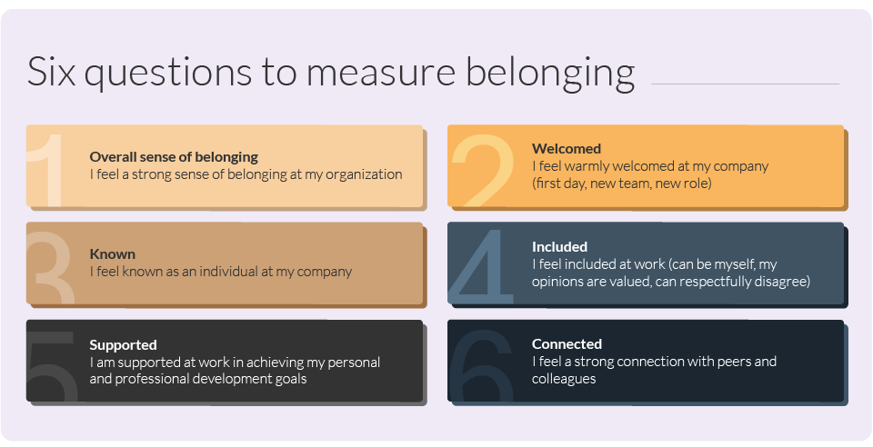 Six questions to ask employees to measure belonging and the belonging pillars