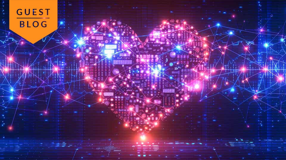 Digital icons and characters connected by lines convey software technologies sharing data, with the center icons forming a bright pink heart, to convey human connection within tech