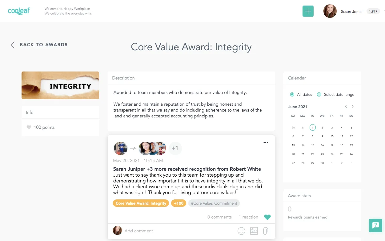 Cooleaf employee recognition software platform screenshot