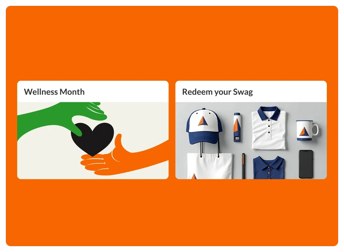 Icon of a green hand and an orange hand reaching toward a black heart and An assortment of clothing, all with a similar logo and color scheme