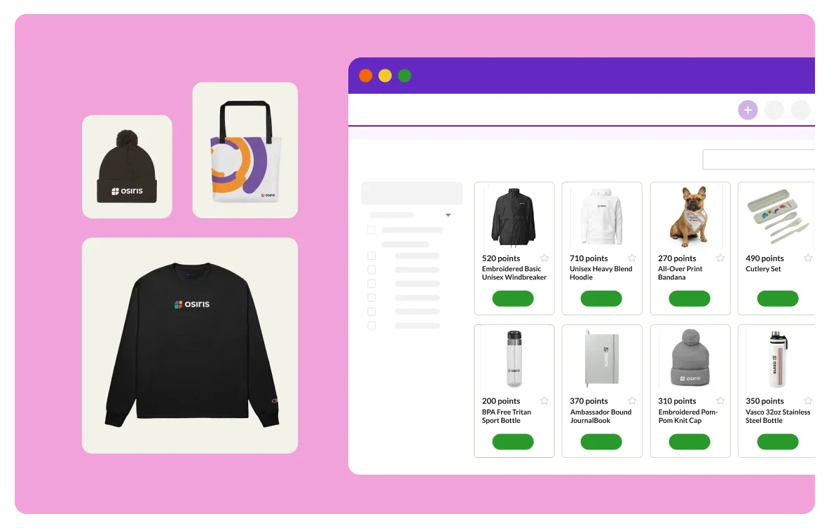Graphic icon of a catalog of clothing items, including sweatshirts, hats, and purses