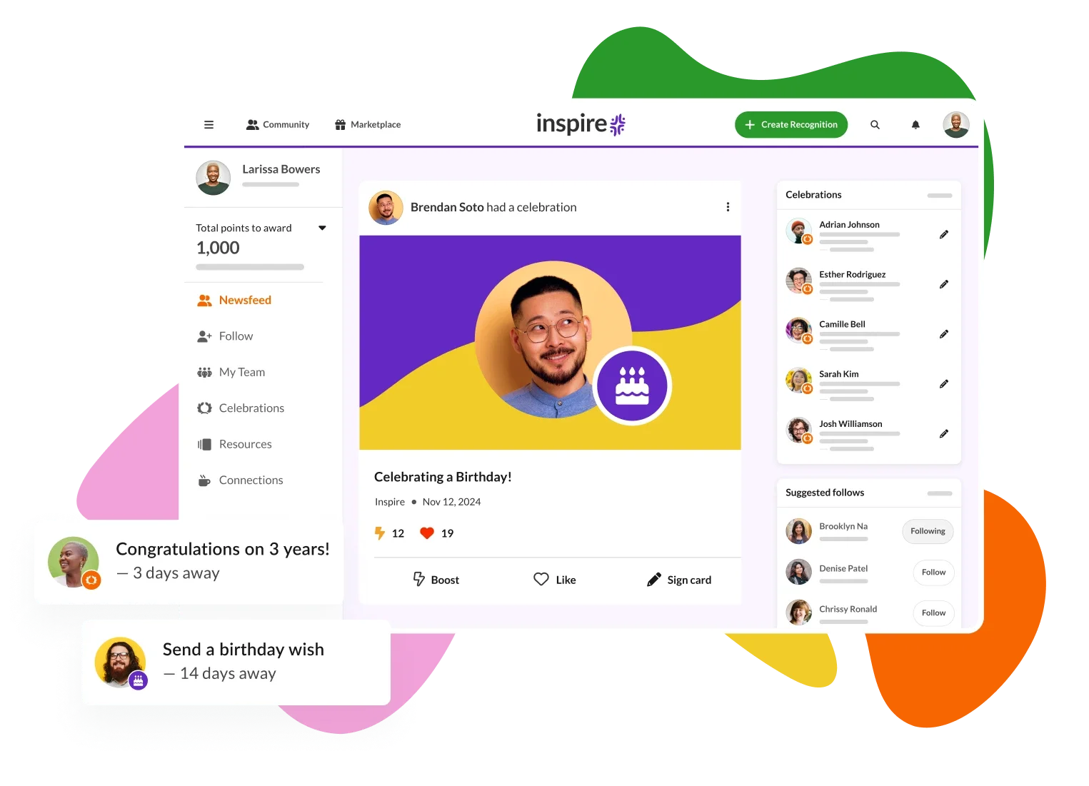 View of the screenshot of the Achievers platform where someone is being recognized for their birthday