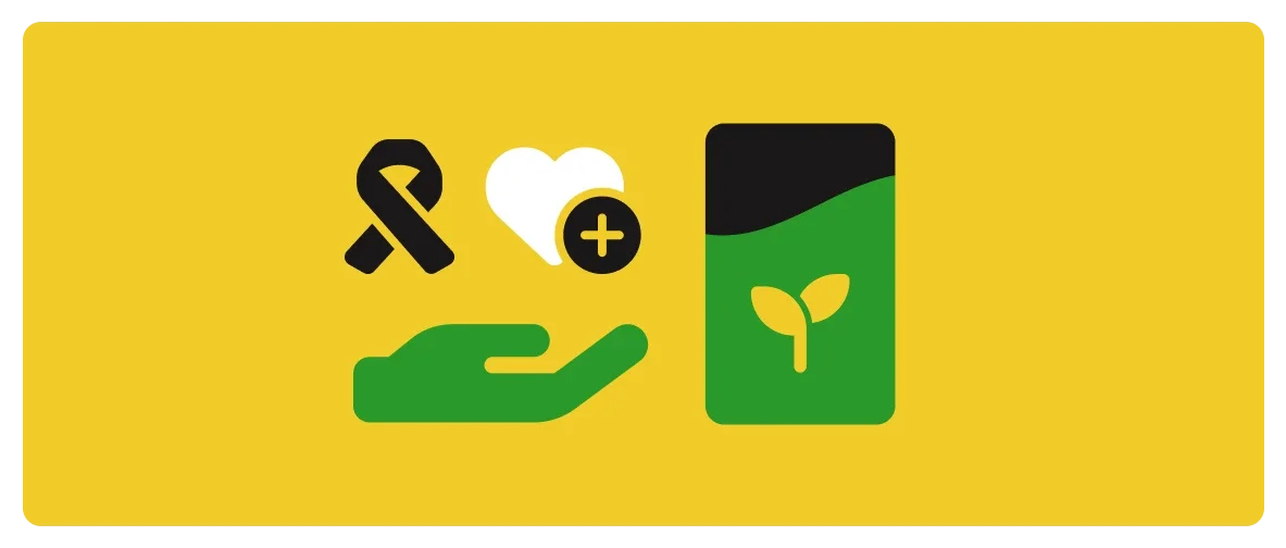 Series of graphic icons over a yellow background: a green hand, a cellphone with a yellow plant icon, a white heart with a black plus sign, and a black ribbon