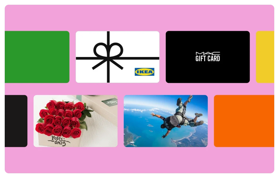 Two rows of square icons resembling gift cards from a variety of brands