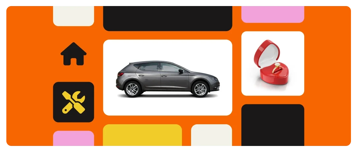 Collage of multicolored squares showing various products, including a ring and a car