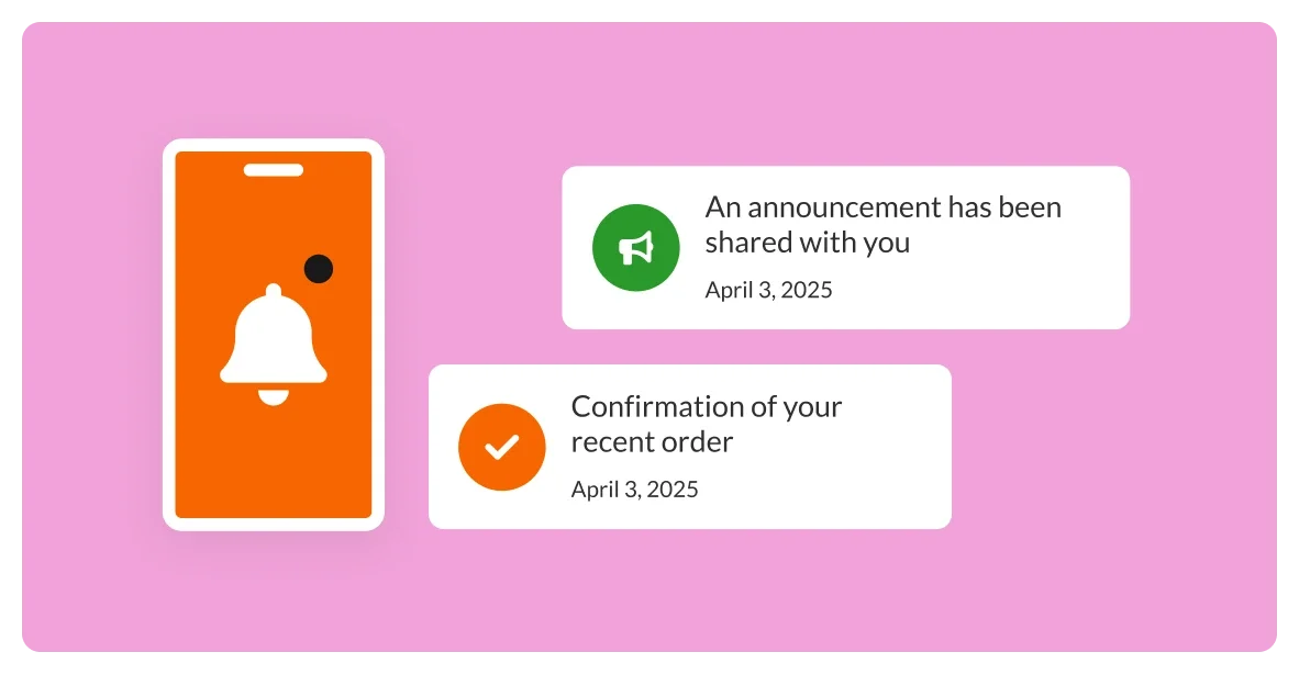 Icon of a smartphone with an orange screen and a white notification bell and Banner notification message with a green circle and a white megaphone icon that says