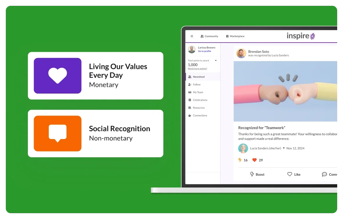 Screenshot of the Achievers platform showing two hands fist-bumping with two banners to the left, one with a purple heart and one with an orange speech bubble