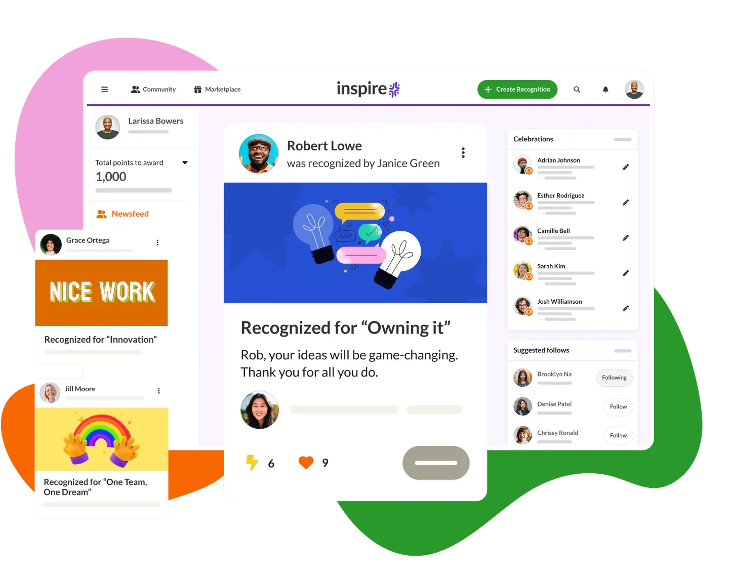 Screenshot of the Achievers platform showing multiple windows recognizing employees