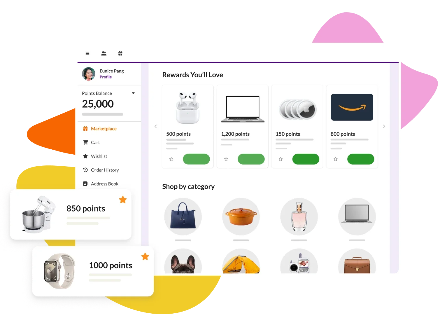 Screenshot of the Achievers platform showing a catalog of available rewards, including gift cards, laptops, headphones, and purses