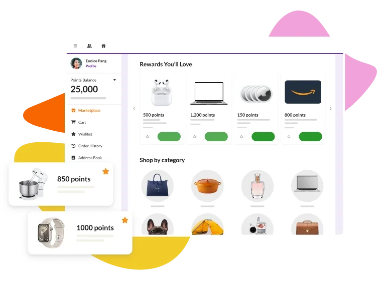 Screenshot of the Achievers platform showing a catalog of available rewards, including gift cards, laptops, headphones, and purses
