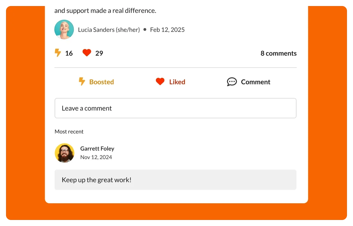 Screenshot of the Achievers platform showing recognition options and a comment saying