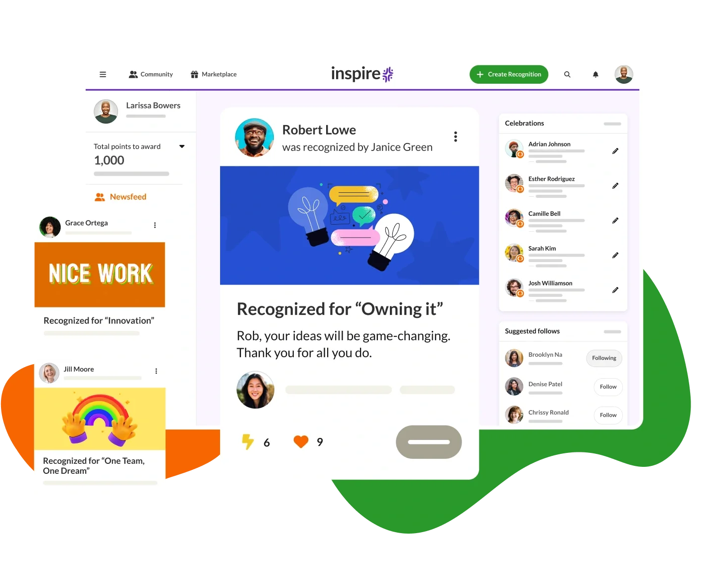 Screenshot of the Achievers platform showing multiple windows recognizing employees