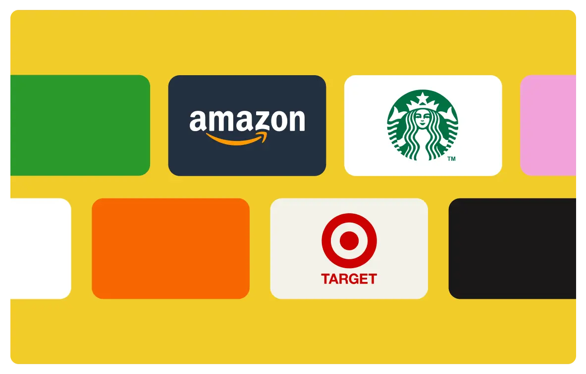 Two rows of gift cards for brands including Amazon, Starbucks, Mastercard, and Target