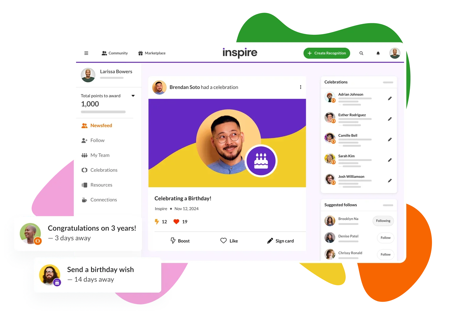 View of the screenshot of the Achievers platform where someone is being recognized for their birthday
