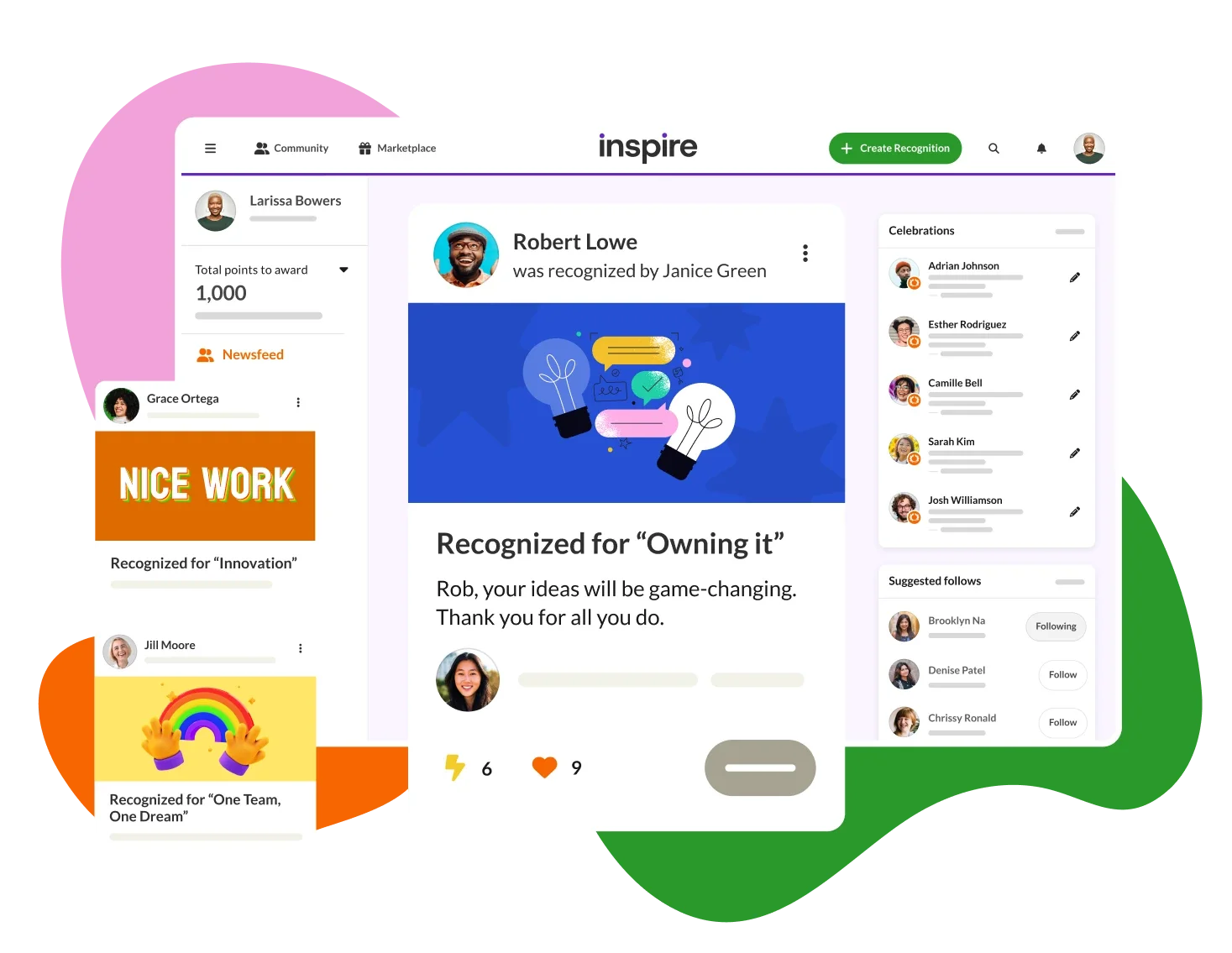 Screenshot of the Achievers platform showing multiple windows recognizing employees