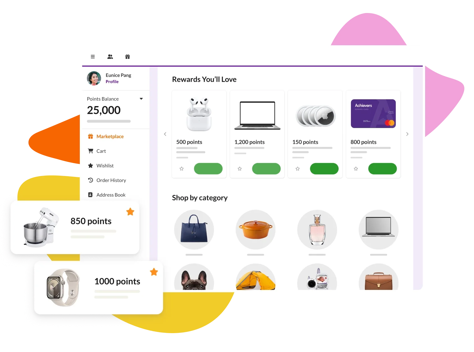 Screenshot of the Achievers platform showing a catalog of available rewards, including gift cards, laptops, headphones, and purses
