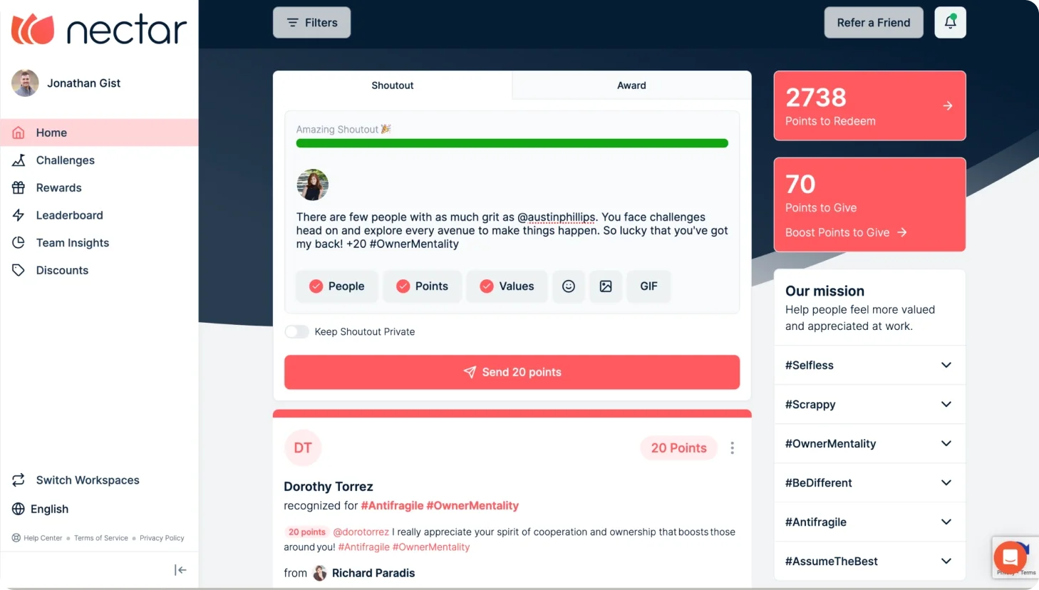 Nectar recognition platform screenshot