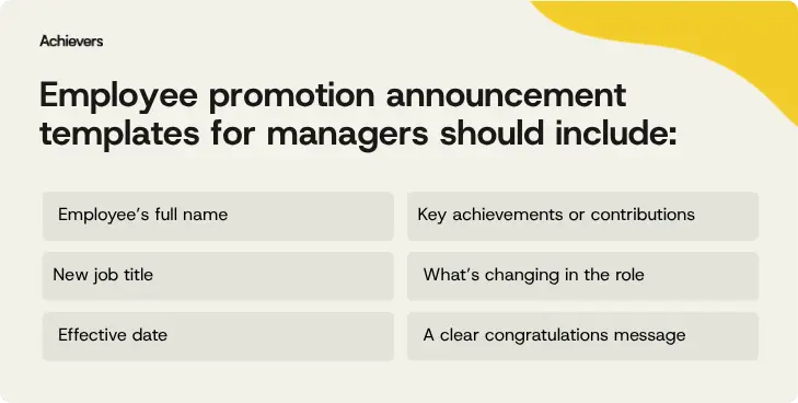 Employee promotion announcement templates should include: